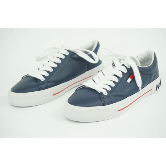 Tommy Hilfiger Flintz Flag Flat Leather Sneakers SZ 6.5 Blue Logo Low Top - Picture 9 of 10